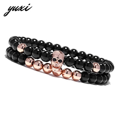 YUXI Steampunk Metal Smile Skull Bracelets Set Elastic Black Beads Chain Skeleton Men Bracelets Sets Male Hand Accessories