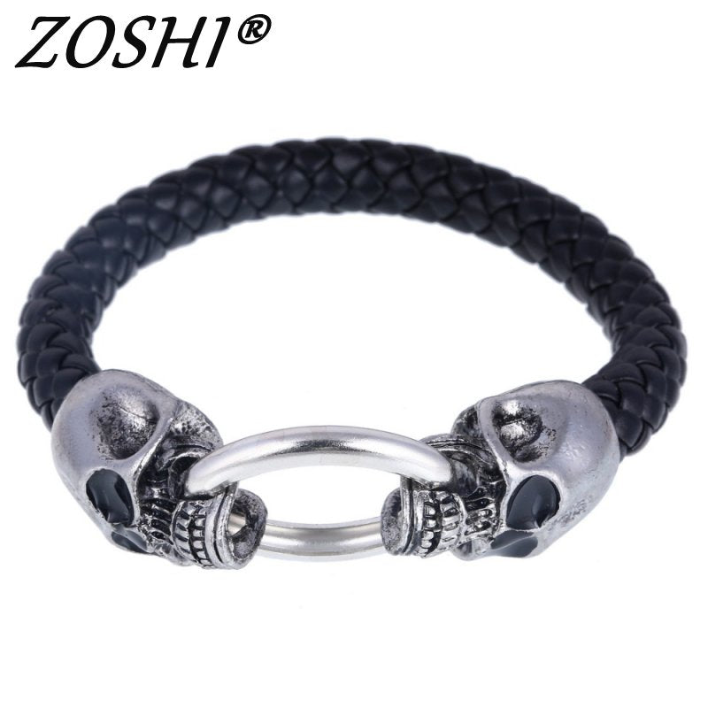 Hot Silver Stainless Steel Skull Bracelets Weave leather bracelet & Bangle Punk jewelry Wholesale Bracelets For Man Woman