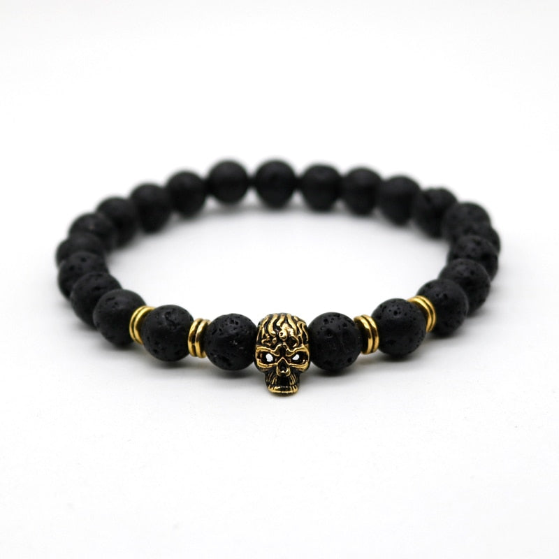 Antique Gold Color Skeleton Skull Bracelet Men With Black Lava Stone Bead Bracelets Pulseira Masculina HS-1