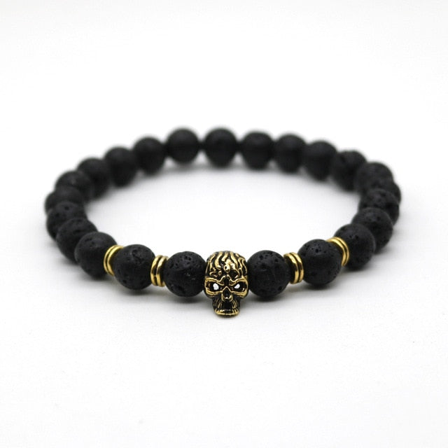 Antique Gold Color Skeleton Skull Bracelet Men With Black Lava Stone Bead Bracelets Pulseira Masculina HS-1