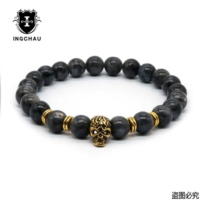 Antique Gold Color Skeleton Skull Bracelet Men With Black Lava Stone Bead Bracelets Pulseira Masculina HS-1