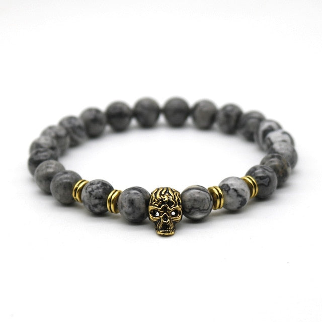 Antique Gold Color Skeleton Skull Bracelet Men With Black Lava Stone Bead Bracelets Pulseira Masculina HS-1