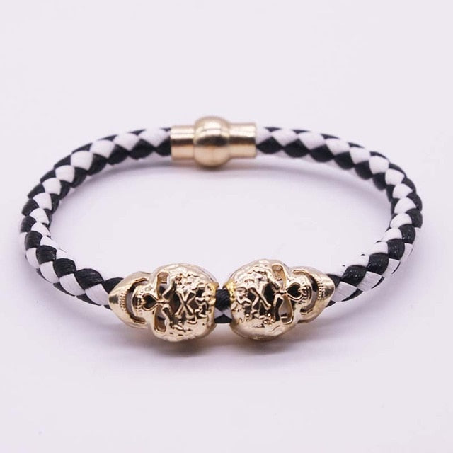 2017 Hot Selling Fashion Braided Leather Bracelets Gold Skull Bracelet Punk Wrap Bracelet Women Men