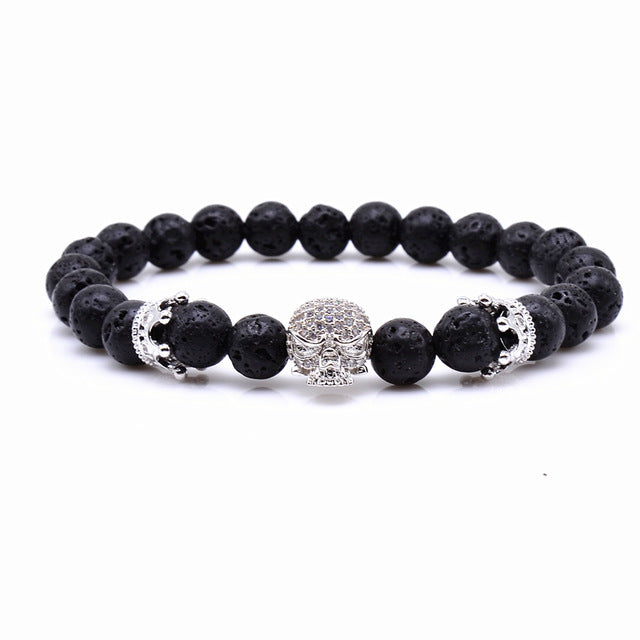 Brand Trendy Natural Beads Strand Bracelet Micro Pave CZ Skeleton Skull Black Lava Rock Stone Energy Men European Buddha Jewelry