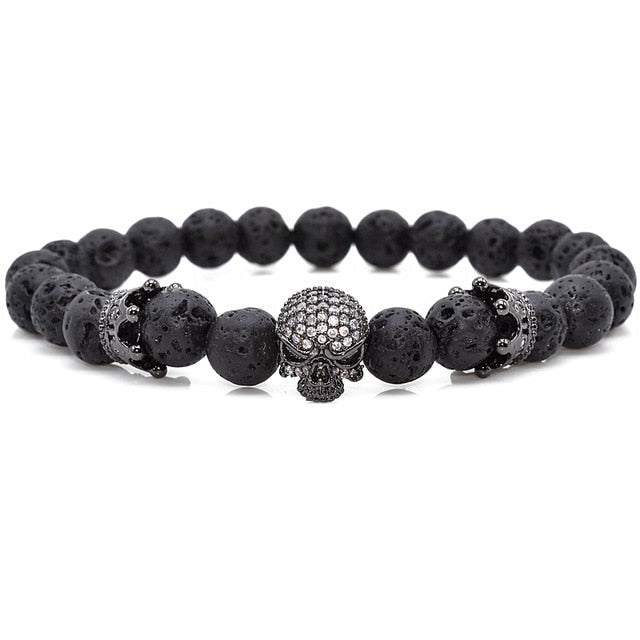 Brand Trendy Natural Beads Strand Bracelet Micro Pave CZ Skeleton Skull Black Lava Rock Stone Energy Men European Buddha Jewelry