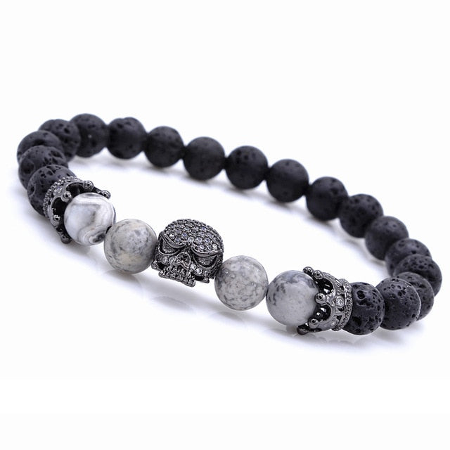 Brand Trendy Natural Beads Strand Bracelet Micro Pave CZ Skeleton Skull Black Lava Rock Stone Energy Men European Buddha Jewelry