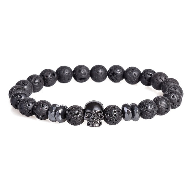 Brand Trendy Natural Beads Strand Bracelet Micro Pave CZ Skeleton Skull Black Lava Rock Stone Energy Men European Buddha Jewelry