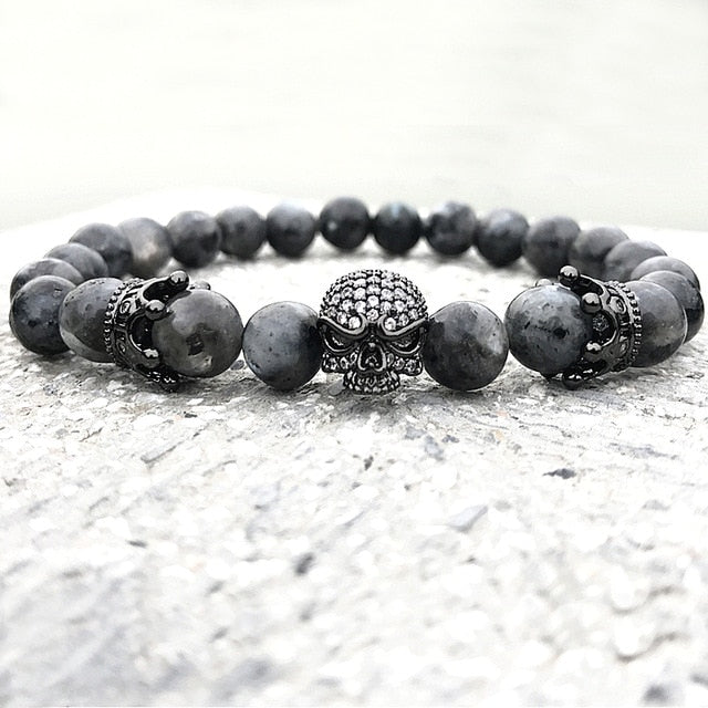 Brand Trendy Natural Beads Strand Bracelet Micro Pave CZ Skeleton Skull Black Lava Rock Stone Energy Men European Buddha Jewelry