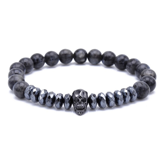 Brand Trendy Natural Beads Strand Bracelet Micro Pave CZ Skeleton Skull Black Lava Rock Stone Energy Men European Buddha Jewelry