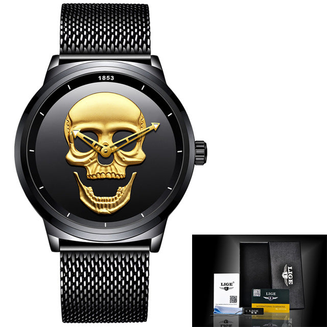 2018 Cool Punk 3D Skull Men Watch Brand LIGE Luxury Steel Quartz Male Watches Waterproof Retro Fashion Gold Black Clock Relogio