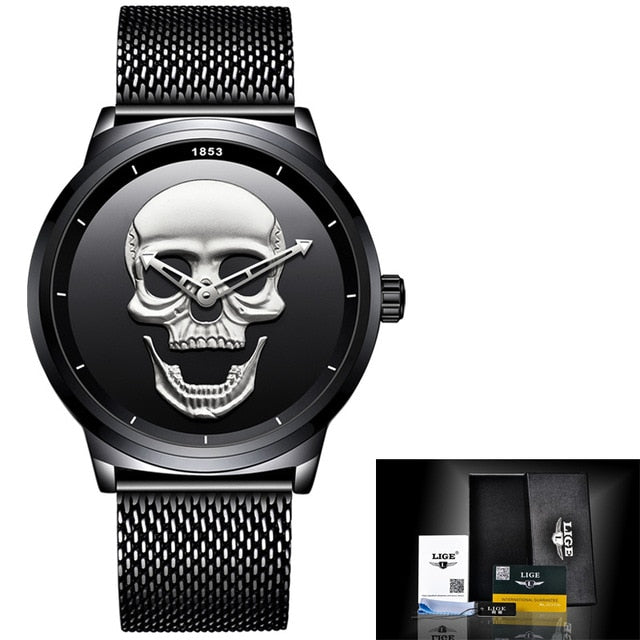 2018 Cool Punk 3D Skull Men Watch Brand LIGE Luxury Steel Quartz Male Watches Waterproof Retro Fashion Gold Black Clock Relogio