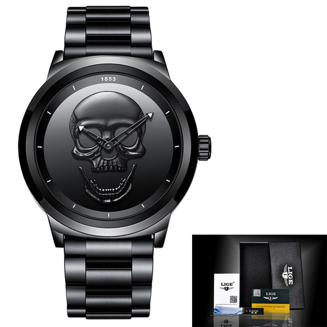 2018 Cool Punk 3D Skull Men Watch Brand LIGE Luxury Steel Quartz Male Watches Waterproof Retro Fashion Gold Black Clock Relogio