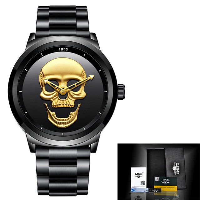 2018 Cool Punk 3D Skull Men Watch Brand LIGE Luxury Steel Quartz Male Watches Waterproof Retro Fashion Gold Black Clock Relogio