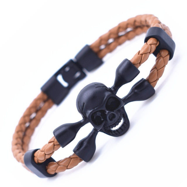 Vintage Black Skull Bracelets Bangles Hand Made Top Quality Length 210mm Leather Bracelet Skeleton Charm Bracelet Men Jewelry
