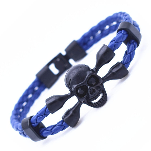 Vintage Black Skull Bracelets Bangles Hand Made Top Quality Length 210mm Leather Bracelet Skeleton Charm Bracelet Men Jewelry