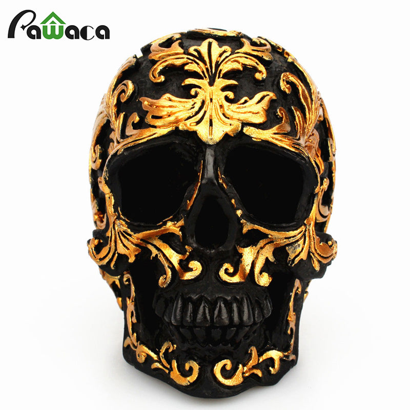 Resin Craft Black Skull Head Golden Carving Halloween Party Decoration Skull Sculpture Ornaments Home Decoration Accessories