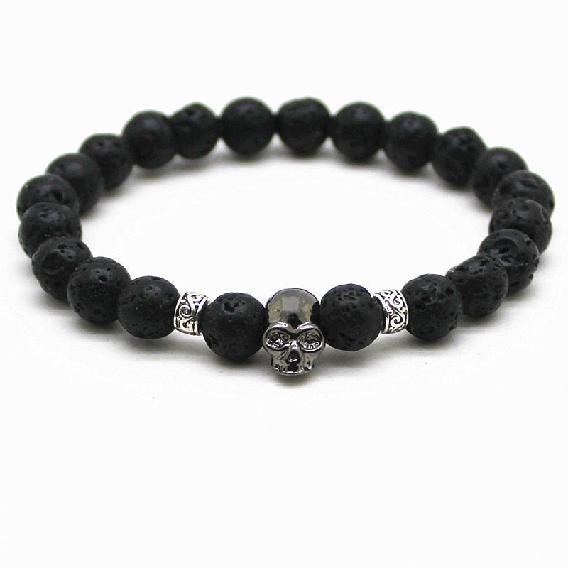 Black Beads Natural Stones Skull Bracelet For Women Lava Stone Beads Men Bracelet Black Lava Beads Bracelets Pulseras Mujer