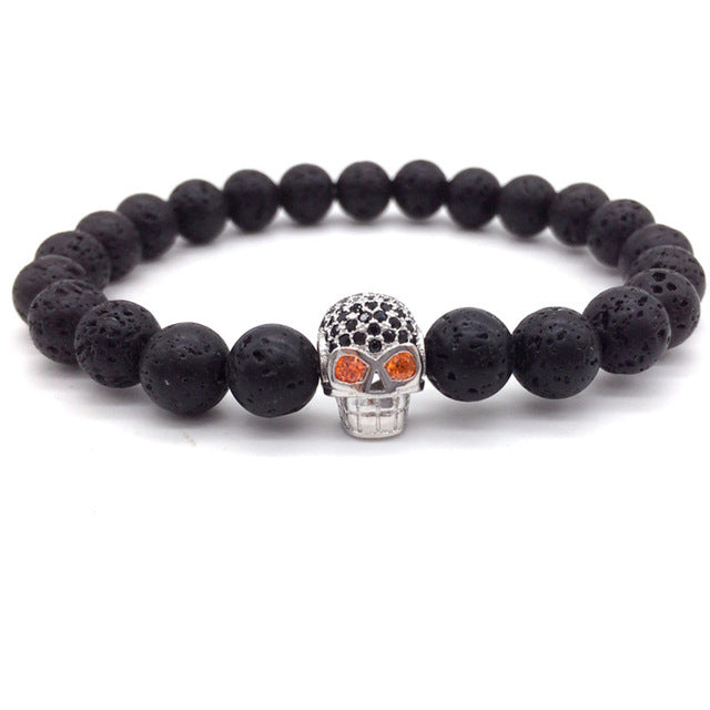 NAIQUBE Skull Men Bracelets 8mm Lava Beads Classic Simple Stone Beads Charm Bracelet For Men Jewelry Gift