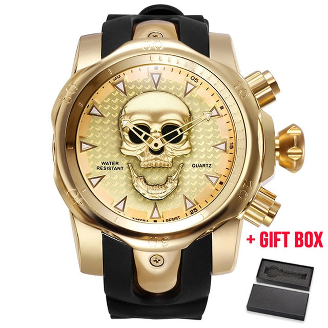 2019 Men's Skull Quartz Watch Men Skeleton Creative Watches Rubber Male Clock Water Resistant Wristwatches Relogio Masculino