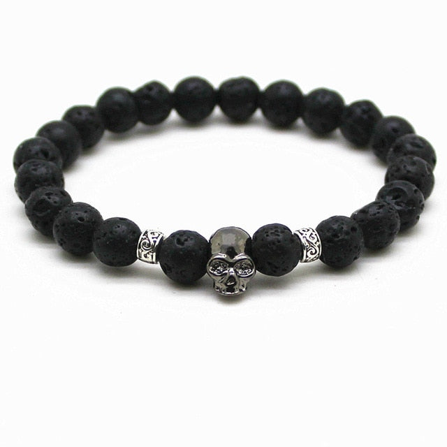 Black Beads Natural Stones Skull Bracelet For Women Lava Stone Beads Men Bracelet Black Lava Beads Bracelets Pulseras Mujer