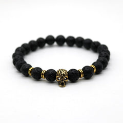 Antique Gold Color Skeleton Skull Bracelet Men With Black Lava Stone Bead Bracelets Pulseira Masculina HS-1