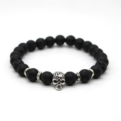 Antique Gold Color Skeleton Skull Bracelet Men With Black Lava Stone Bead Bracelets Pulseira Masculina HS-1