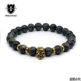 Antique Gold Color Skeleton Skull Bracelet Men With Black Lava Stone Bead Bracelets Pulseira Masculina HS-1
