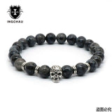 Antique Gold Color Skeleton Skull Bracelet Men With Black Lava Stone Bead Bracelets Pulseira Masculina HS-1
