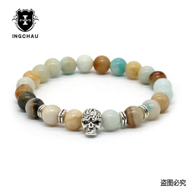 Antique Gold Color Skeleton Skull Bracelet Men With Black Lava Stone Bead Bracelets Pulseira Masculina HS-1