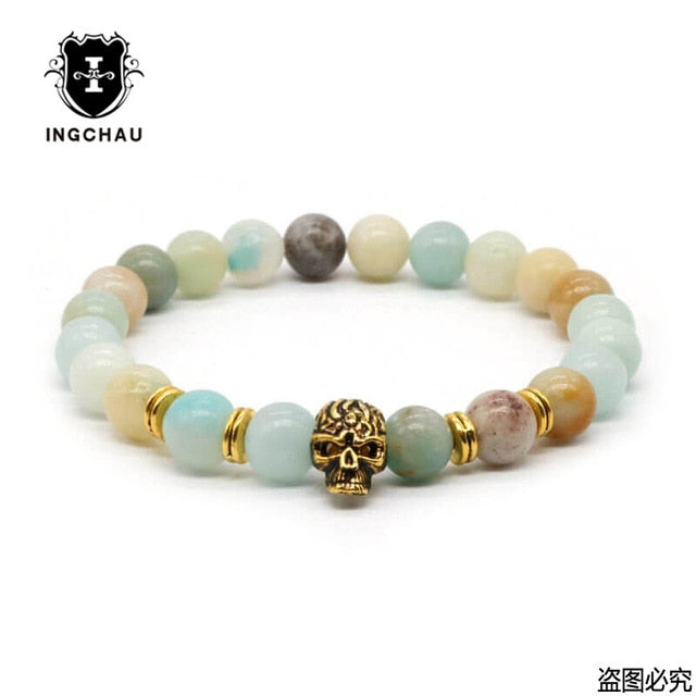 Antique Gold Color Skeleton Skull Bracelet Men With Black Lava Stone Bead Bracelets Pulseira Masculina HS-1