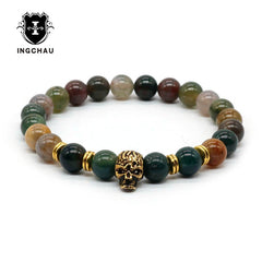 Antique Gold Color Skeleton Skull Bracelet Men With Black Lava Stone Bead Bracelets Pulseira Masculina HS-1