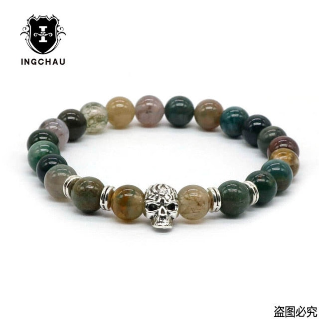 Antique Gold Color Skeleton Skull Bracelet Men With Black Lava Stone Bead Bracelets Pulseira Masculina HS-1