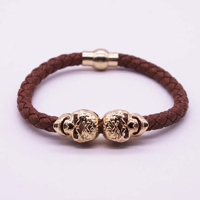 2017 Hot Selling Fashion Braided Leather Bracelets Gold Skull Bracelet Punk Wrap Bracelet Women Men