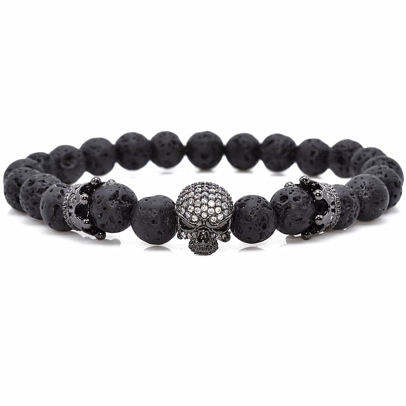 Brand Trendy Natural Beads Strand Bracelet Micro Pave CZ Skeleton Skull Black Lava Rock Stone Energy Men European Buddha Jewelry