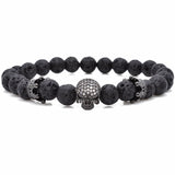 Brand Trendy Natural Beads Strand Bracelet Micro Pave CZ Skeleton Skull Black Lava Rock Stone Energy Men European Buddha Jewelry