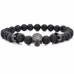Brand Trendy Natural Beads Strand Bracelet Micro Pave CZ Skeleton Skull Black Lava Rock Stone Energy Men European Buddha Jewelry