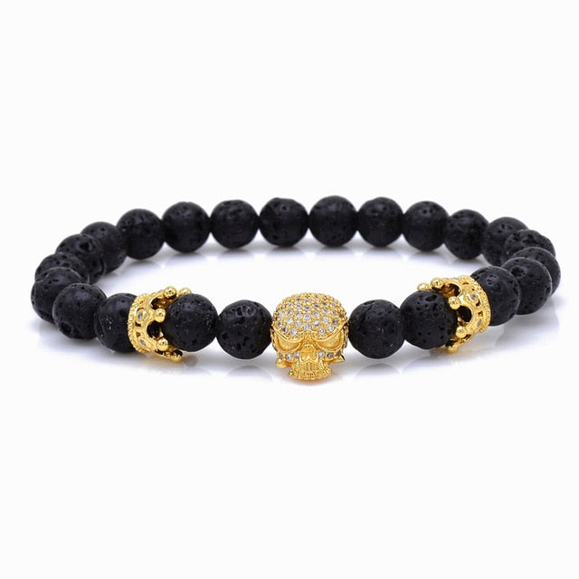 Brand Trendy Natural Beads Strand Bracelet Micro Pave CZ Skeleton Skull Black Lava Rock Stone Energy Men European Buddha Jewelry