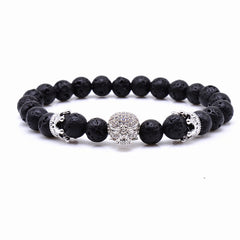 Brand Trendy Natural Beads Strand Bracelet Micro Pave CZ Skeleton Skull Black Lava Rock Stone Energy Men European Buddha Jewelry