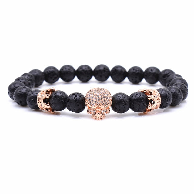 Brand Trendy Natural Beads Strand Bracelet Micro Pave CZ Skeleton Skull Black Lava Rock Stone Energy Men European Buddha Jewelry