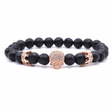 Brand Trendy Natural Beads Strand Bracelet Micro Pave CZ Skeleton Skull Black Lava Rock Stone Energy Men European Buddha Jewelry