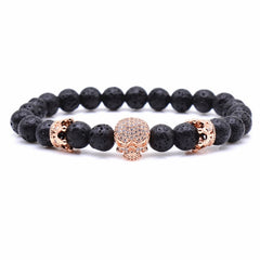 Brand Trendy Natural Beads Strand Bracelet Micro Pave CZ Skeleton Skull Black Lava Rock Stone Energy Men European Buddha Jewelry