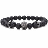 Brand Trendy Natural Beads Strand Bracelet Micro Pave CZ Skeleton Skull Black Lava Rock Stone Energy Men European Buddha Jewelry