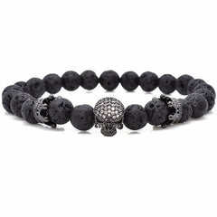 Brand Trendy Natural Beads Strand Bracelet Micro Pave CZ Skeleton Skull Black Lava Rock Stone Energy Men European Buddha Jewelry