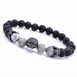 Brand Trendy Natural Beads Strand Bracelet Micro Pave CZ Skeleton Skull Black Lava Rock Stone Energy Men European Buddha Jewelry