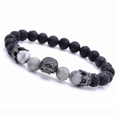 Brand Trendy Natural Beads Strand Bracelet Micro Pave CZ Skeleton Skull Black Lava Rock Stone Energy Men European Buddha Jewelry
