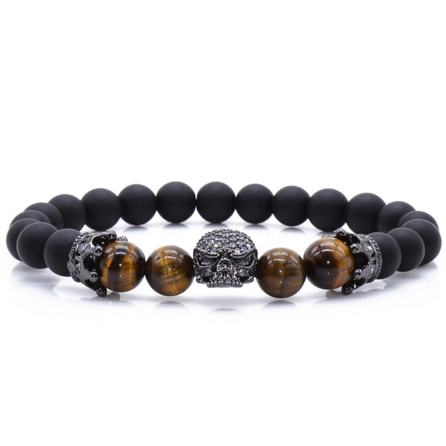 Brand Trendy Natural Beads Strand Bracelet Micro Pave CZ Skeleton Skull Black Lava Rock Stone Energy Men European Buddha Jewelry