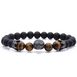 Brand Trendy Natural Beads Strand Bracelet Micro Pave CZ Skeleton Skull Black Lava Rock Stone Energy Men European Buddha Jewelry