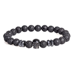 Brand Trendy Natural Beads Strand Bracelet Micro Pave CZ Skeleton Skull Black Lava Rock Stone Energy Men European Buddha Jewelry