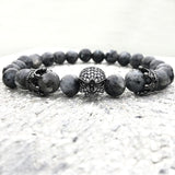 Brand Trendy Natural Beads Strand Bracelet Micro Pave CZ Skeleton Skull Black Lava Rock Stone Energy Men European Buddha Jewelry