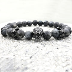 Brand Trendy Natural Beads Strand Bracelet Micro Pave CZ Skeleton Skull Black Lava Rock Stone Energy Men European Buddha Jewelry